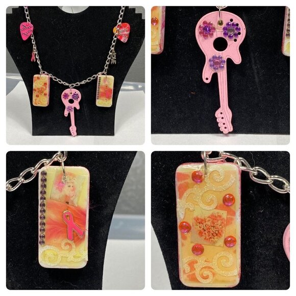 Hand Embellished Necklace Wooden Guitar, Charm, guitar pick, Breast Cancer. Pink - Picture 1 of 10